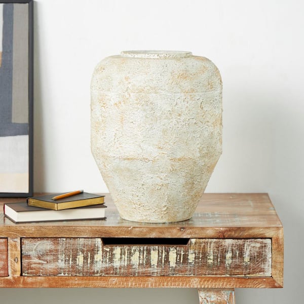 Litton Lane 15 in. Beige Handmade Antique Style Distressed Metal Decorative Vase