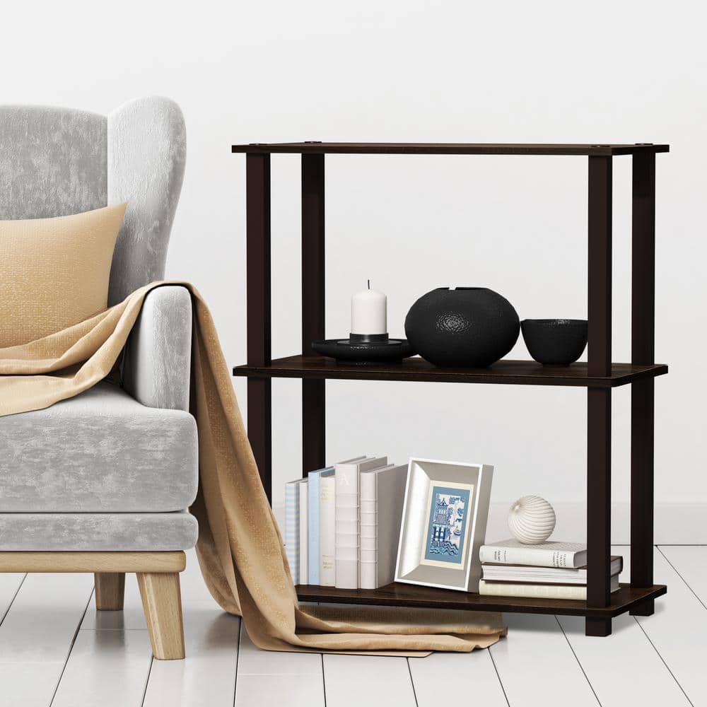 Walnut Brown 3-Tier Rubberwood Bookshelf with Open Back