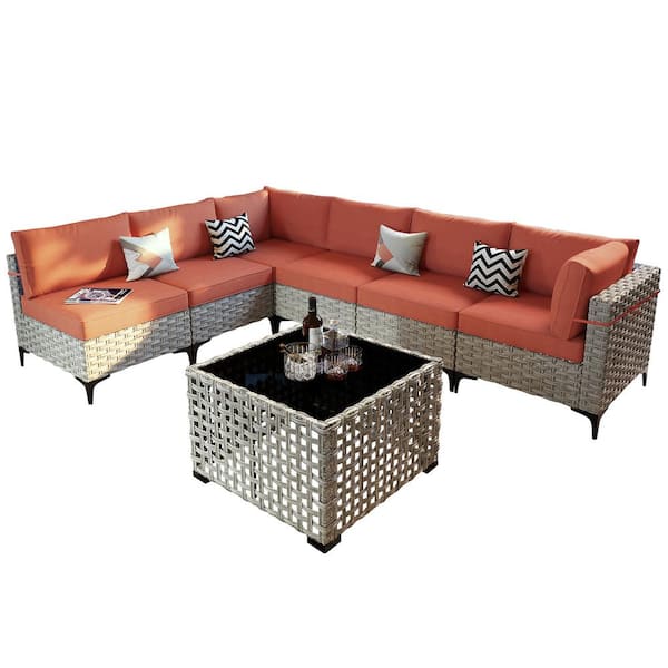 Taurus 7-Piece Wicker Outdoor Sectional Set with Orange Red Cushions