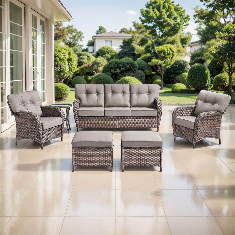 TWrap Brown 6-Piece Wicker Patio Conversation Set with Armchairs, Sofa Seating Set with Olefin Gray Cushions price history on PriceWatchPro
