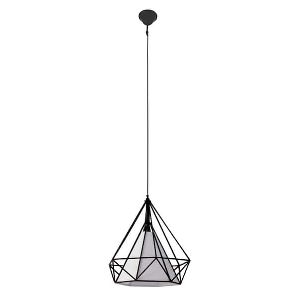 BAZZ 1-Light Vintage Black Cage Pendant with White Fabric Shade