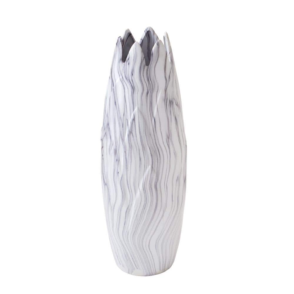 21" White Marbled Ceramic Vase with Organic Shape