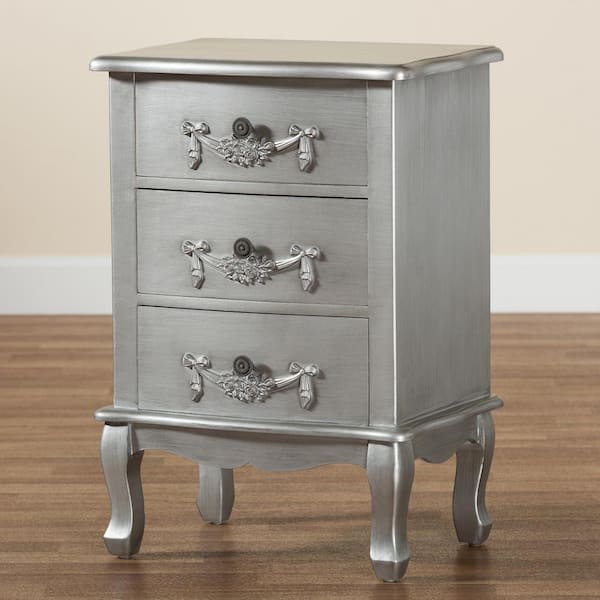 Baxton Studio Callen 3-Drawer Silver Nightstand 27.5 in. H x 18.9 in. W x 13.7 in. D