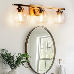 Elegant 25 in. 3-Light Gold Bathroom Vanity Light, Modern Farmhouse Wall Sconce with Open Globe Glass Shades