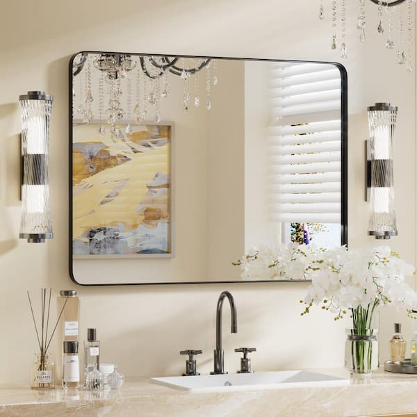 PRIMEPLUS 30 in. W x 40 in. H Large Modern Rectangle Stainless Steel Wall Mirror Bathroom Mirror Vanity Mirror in Brushed Black