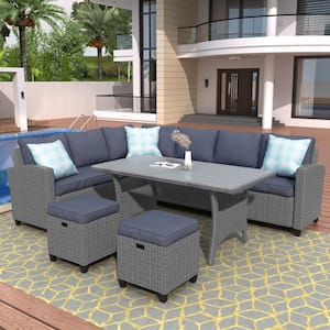 Grey 7-Piece Wicker Outdoor Patio Conversation Seating Set with Gray Cushions