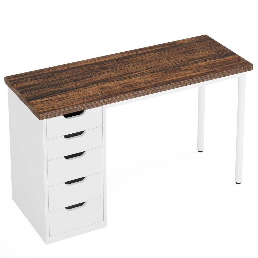 47.24 in. Rectangular Brown and White MDF and Metal 5-Drawers Computer Desk