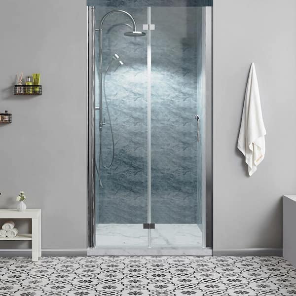 WELLFOR 36 in. W x 72 in. H BiFold Frameless Shower Door in Chrome with Clear Glass