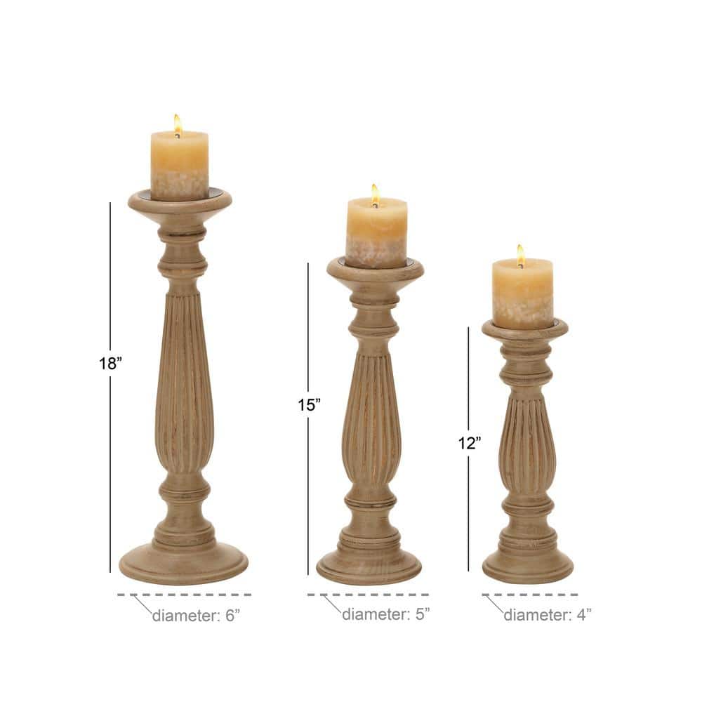 Elegant Mango Wood Teardrop Pillar Candlestick Trio, 18" Brown