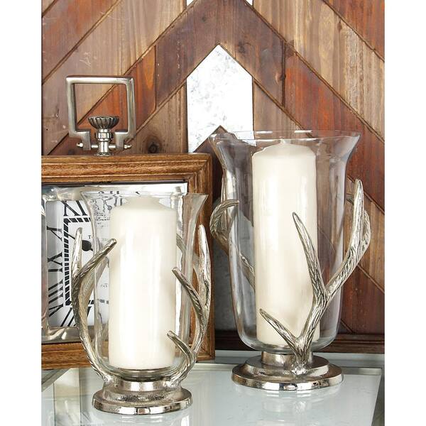 Litton Lane 12 in. Aluminum Antler and Glass Hurricane Candle Holder