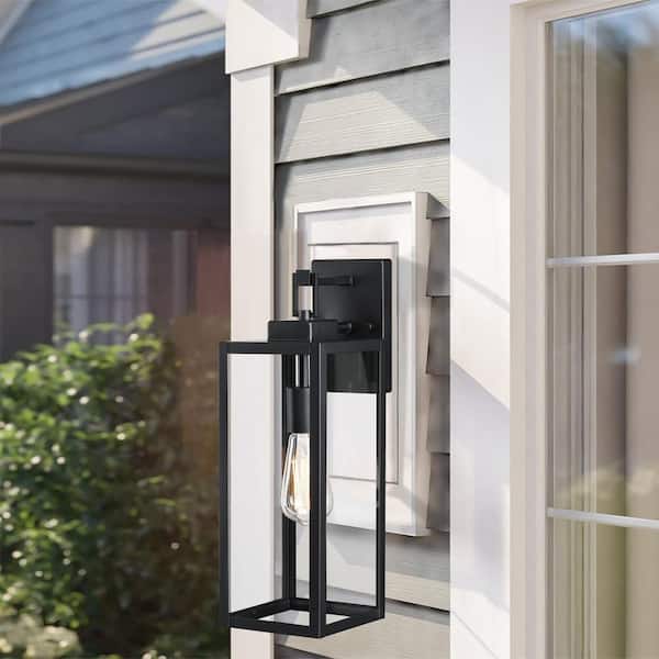 18 in. 1-Light Matte Black Wall Lantern Sconce with Clear Glass Shade