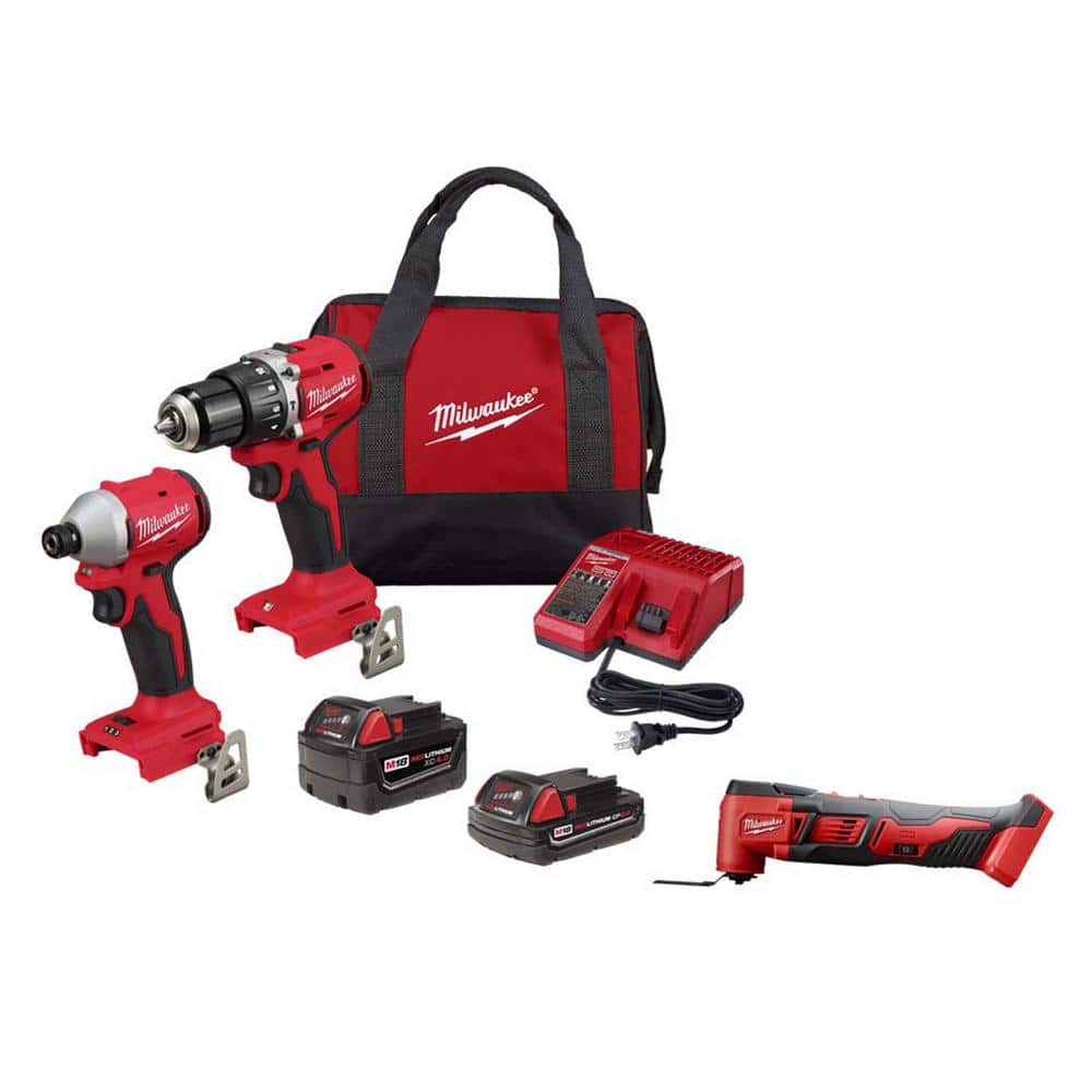 M18 18V Lith-Ion Brushless Cordless Compact Hammer Drill/Impact Combo Kit (2-Tool) w/(2) Batteries & M18 Multi-Tool -  Milwaukee, 3693-22CX-262