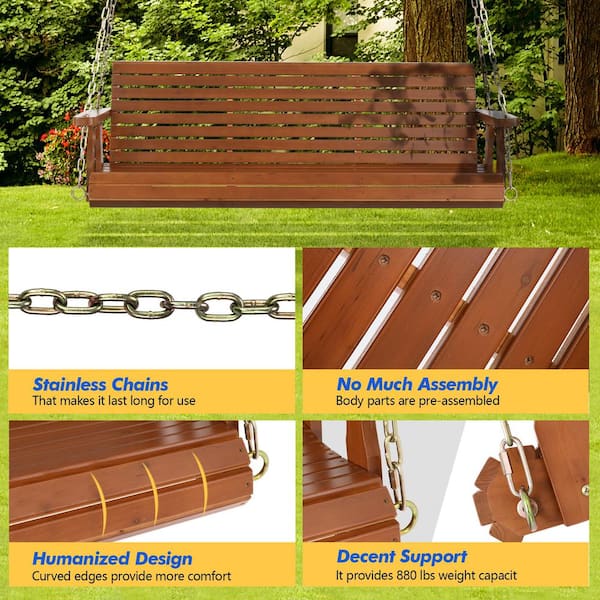 VINGLI 5 ft. Brown Wood Patio Porch Swing with Adjustable VINGLI 5 ft. Brown Wood Patio Porch Swing with Adjustable