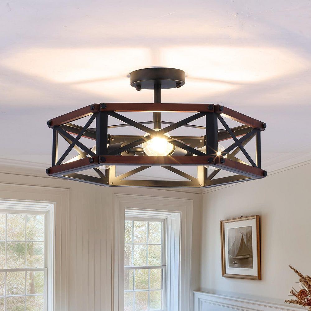 PAKOKULA Farmhouse 18.31 in. 3-Light Black and Brown Hexagon Cage