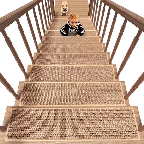 Beige Rubber Backing Stair Tread Cover 8 in. x 30 in. Linen Material Set of 15 Non-Slip Stair Runners for Wooden Steps