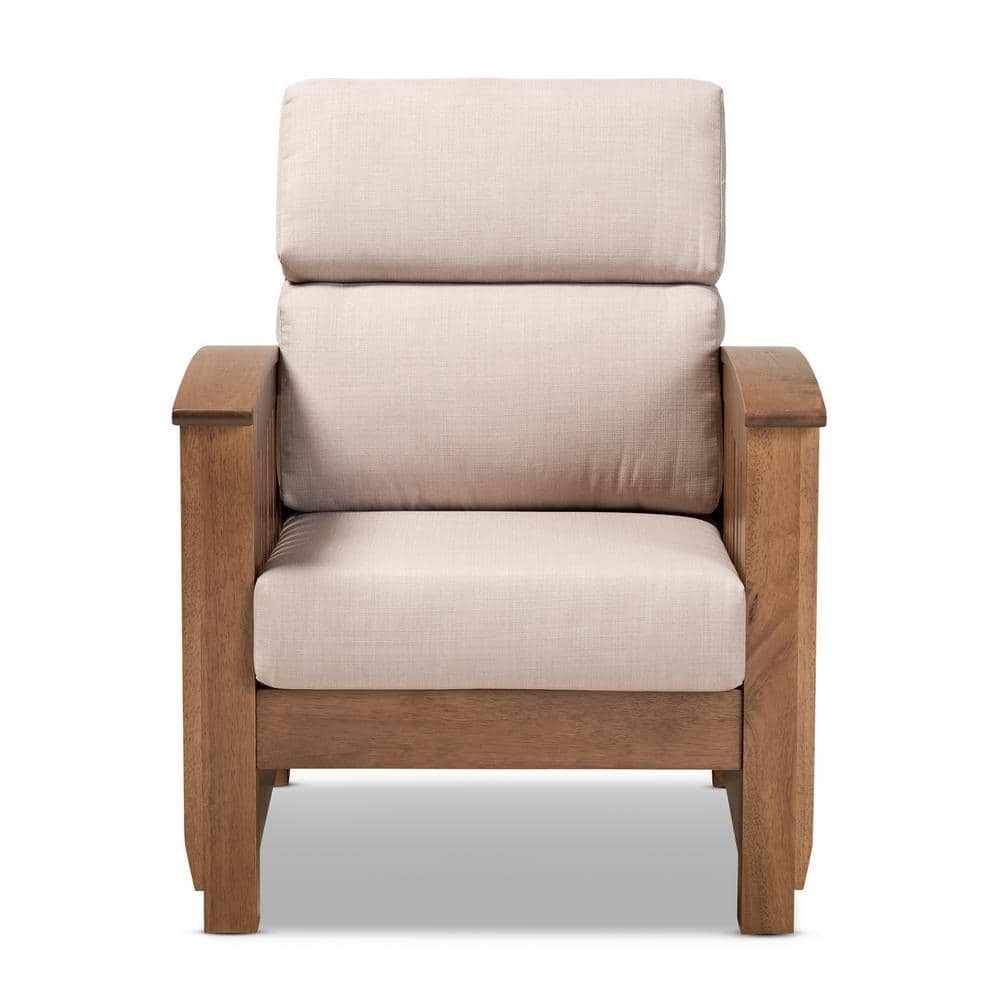 Walnut Brown and Taupe Leather Accent Chair with Slatted Back