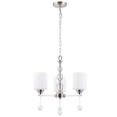 3-Light Nickel Chandelier Pendant Lamp with Crystal Balls and Glass Shades