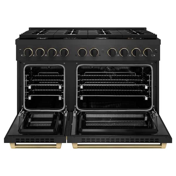 Designer 48 in. 6.7 cu. ft. Dual Fuel Range with 8 Burner Gas Cooktop in Black Satin with Black and Champagne Accents
