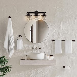 Ellis 24 in. 3-Light Industrial Farmhouse Vanity Light with Bathroom Hardware Accessory Set, Oil Rubbed Bronze (5-Piece)