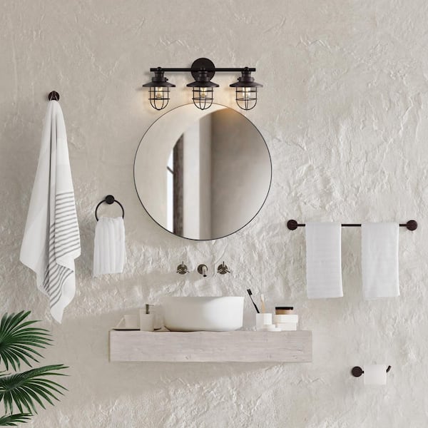 Ellis 24 in. 3-Light Industrial Farmhouse Vanity Light with Bathroom Hardware Accessory Set, Oil Rubbed Bronze (5-Piece)