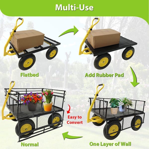 Unbranded - 11.59 cu.ft. Metal Garden Cart, Big Wagon Cart Trucks with Detachable Sides for Farms, Warehouses, Firewood in Black