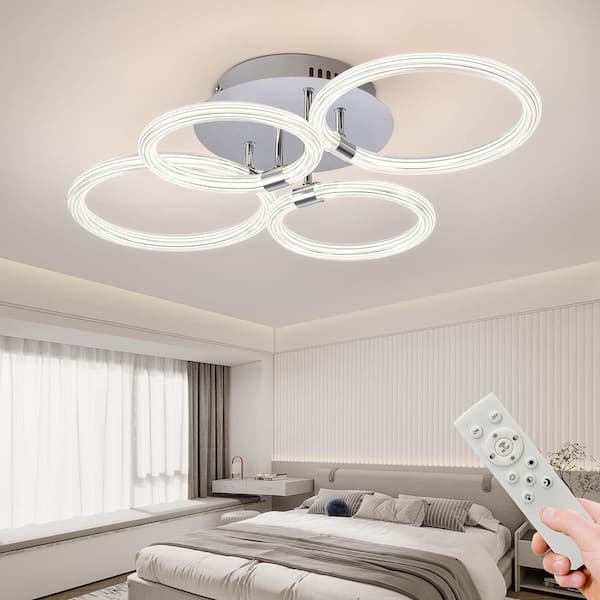 Jushua 24 in. 6 Rings Chrome Acrylic LED Flush Mount Ceiling Light ...