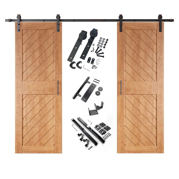 HOMACER XT1 26 in. x 84 in. C-Panel Early American Slanted Stripe Design Double Pine Wood Sliding Barn Door with Hardware Kit