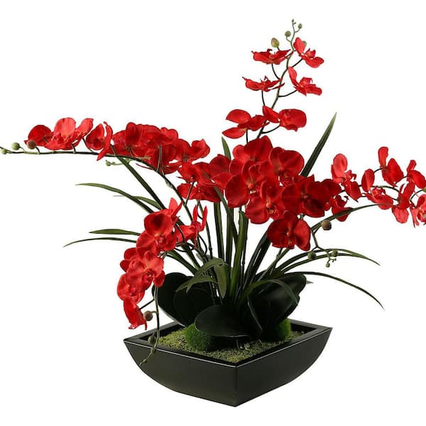 10 in. Red Indoor Artificial Assorted Flowers Orchids in Square Metal Planter