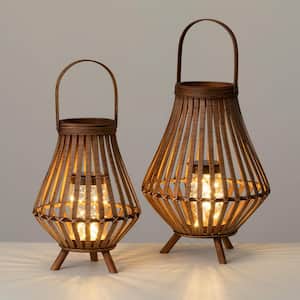18.5 in. and 15.25 in. Standing Wicker LED Lanterns Set of 2, Wood