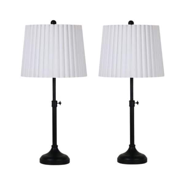 Fangio Lighting Pair of 24.25-30 in. Adjustable Satin Black Metal Column Table Lamps with Designer Mini-Fluted Shades