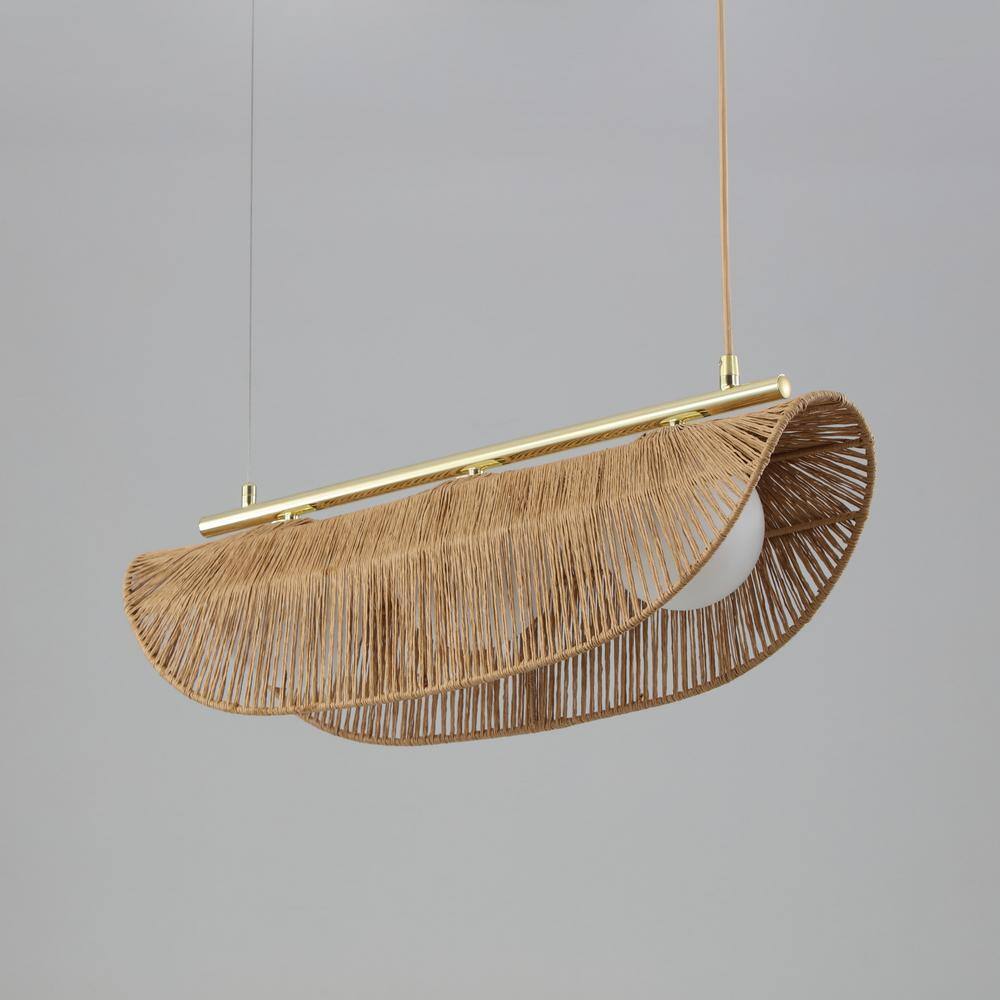 Sovev 27.5 in. Brass Bohemian Pendant Light with Rattan and Glass Shades