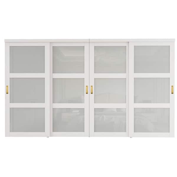 ARK DESIGN 144 in. x 80 in. 3-Lite Frosted Glass White Primed MDF Closet Sliding Door with Hardware and No Grooving Black Handles