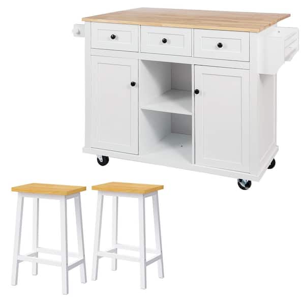 Zeus & Ruta 3-Piece White Wood 53.1 in. Kitchen Island Cart with Two Bar Stools and Drop-Leaf