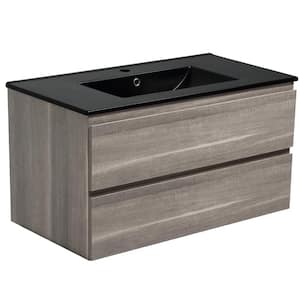 36 in. L x 18.8 in. W x 19.7 in. H Floating Bath Vanity in Brown with Black Ceramic Top and sink