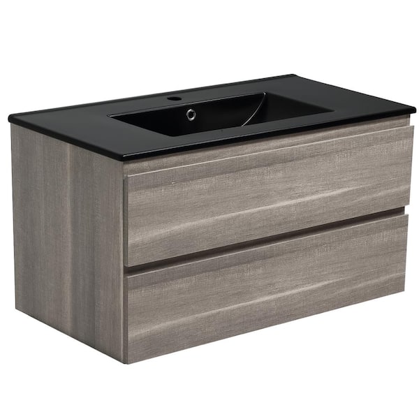 TOOLKISS 36 in. L x 18.8 in. W x 19.7 in. H Floating Bath Vanity in Brown with Black Ceramic Top and sink