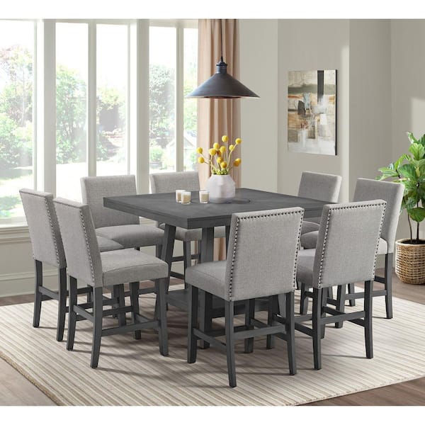 Picket House Furnishings Hester 9PC Counter Height Dining Set in Grey-Table and Eight Chairs