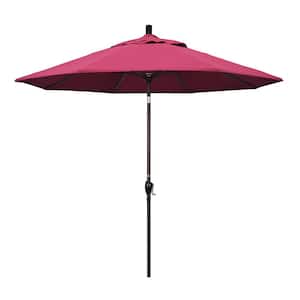 9 ft. Bronze Aluminum Market Push Button Tilt Crank Lift Patio Umbrella in Hot Pink Sunbrella