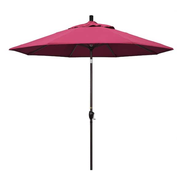 California Umbrella 9 ft. Bronze Aluminum Market Push Button Tilt Crank Lift Patio Umbrella in Hot Pink Sunbrella