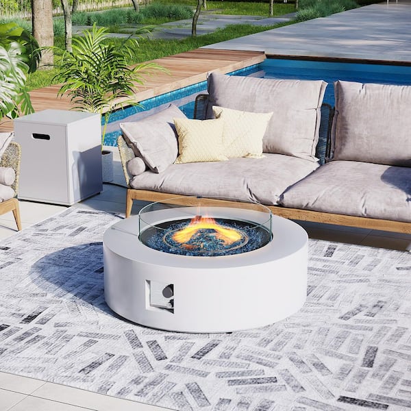 42 in. Outdoor Round Iron White Fire Pit Table with Propane Tank Holder and Glass Wind Guard