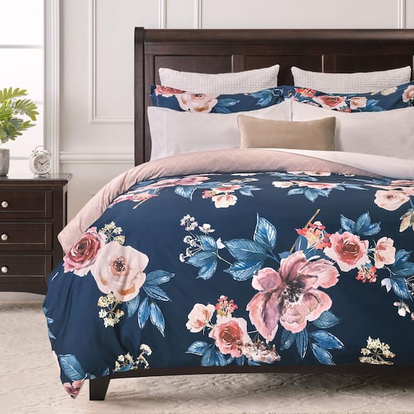 CHANASYA Chanasya 3-Piece Soft Bloom Pink Rose Print Reversible Microfiber Duvet Cover Set, Queen