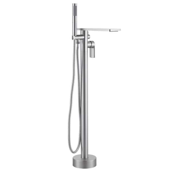 Brass Freestanding Bathtub Faucet Single-Handle Floor Mount Claw Foot Tub Faucet with Hand Shower in Brushed Nickel