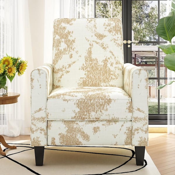 Graham Modern White and Yellow Polyester Fabric Upholstered Push Back Armchair Manual Recliner with Solid Wood Legs