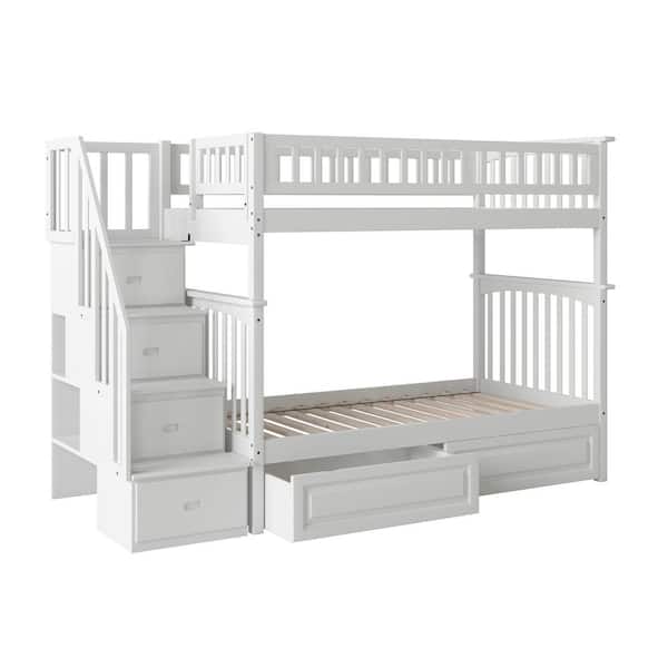 white bunk beds with steps
