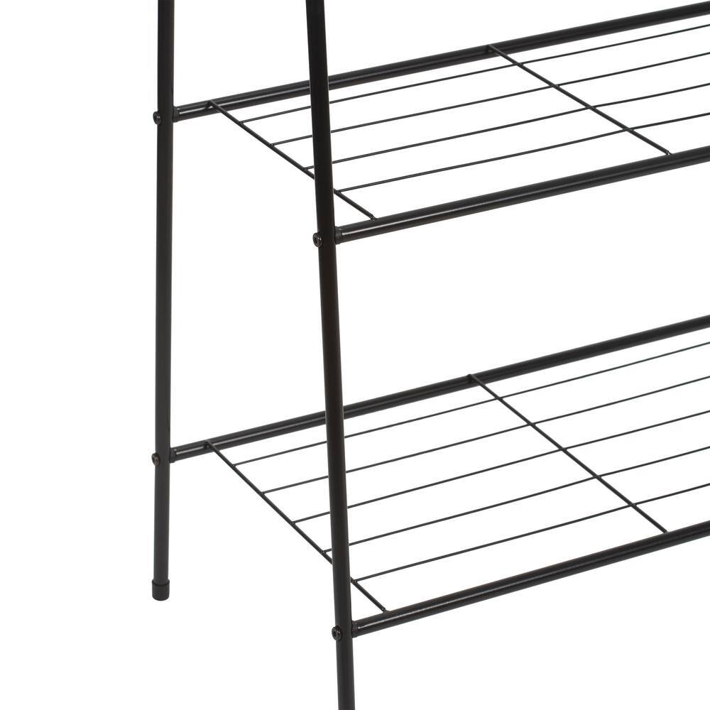 Black Metal Freestanding Clothing Rack with Shelves and Hooks