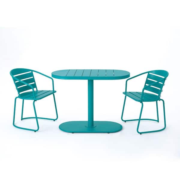 Teal 3-Piece Metal Outdoor Metal Bistro Set with Coffee Table and 2 Chairs