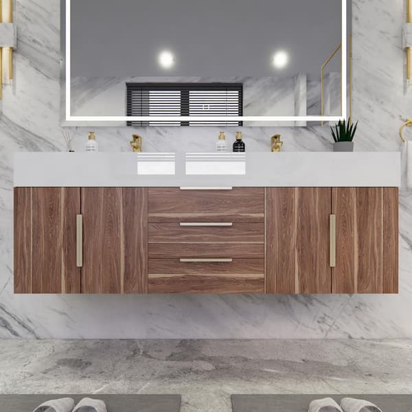 BV Better Vanity Bethany 59 in. W. x 20 in. D x 22 in. H Double Sink Floating Bath Vanity in White Oak with White Acrylic Top