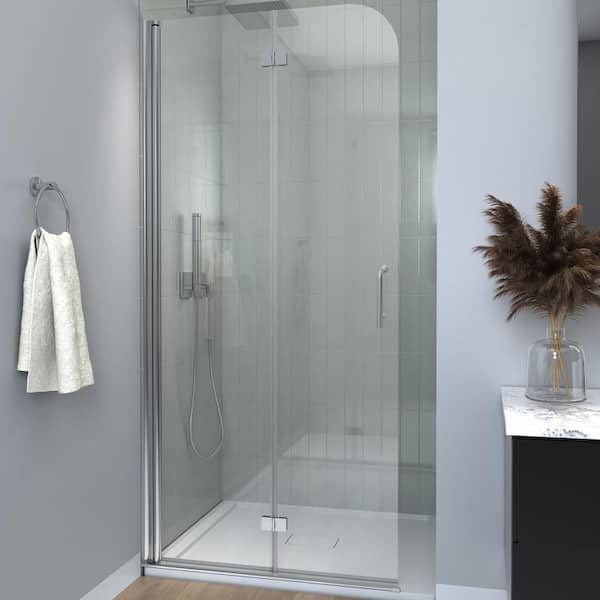Unbranded 34 in. W x 72 in. H Bi-fold Semi-Frameless Shower Door in Chrome Finish with Clear Glass