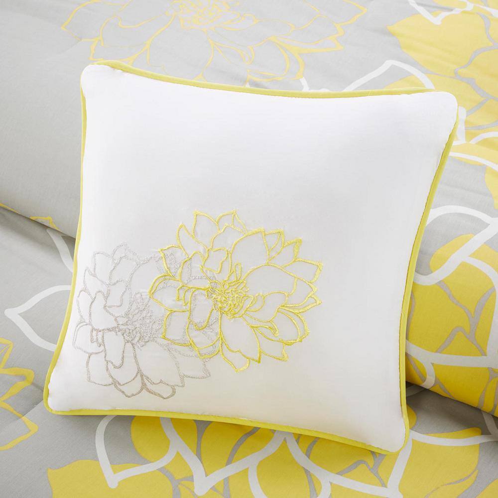 Gray and Yellow Floral Reversible Cotton King Quilt Set