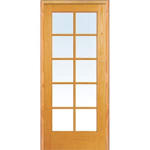 36 in. x 80 in. Left Handed Unfinished Pine Wood Clear Glass 10 Lite True Divided Single Prehung Interior Door