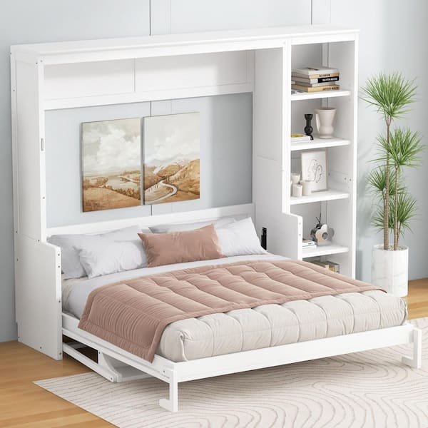 White Wood Frame Queen Murphy Bed with Desk and Bookshelf